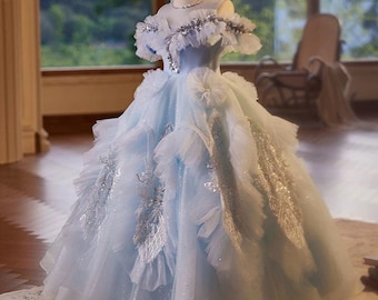 Lichtblauwe meisjes prinses baljurken ruche cinderalla kid meisjes verjaardag prinses baljurken luxe meisjes feestjurk custom