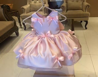 Lovely Blush Pink Satin Birthday Dress Boat Neckline, Bow Accent Custom