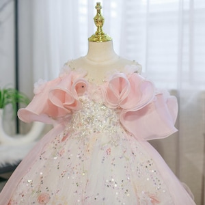 May include: A pale pink and white formal dress with floral and sequin detailing. The dress has ruffled sleeves and a bodice embellished with sparkling beads. The skirt has a layered design, creating a flowing, elegant appearance.
