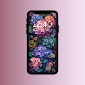 May include: A smartphone displaying a floral wallpaper with a digital clock showing 12:40 and the date Sunday, October 8.