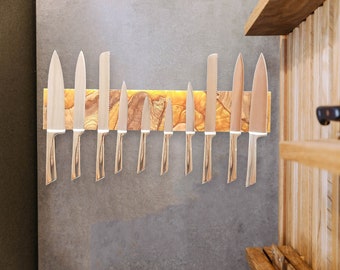 Golden Knife Rack for 10 Knives, Resin and Olive Wooden Knife Holder, Epoxy and Olive Wood Knife Bar, Knife Block, Knife Storage for Wall