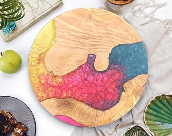 Custom Charcuterie Board, Resin and Olive Wood Platter, Yellow, Magenta and Blue Top Quality Epoxy, Chop Board, Cutting Board, Personalized