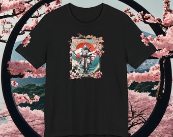 Samurai Rhino Japanese aesthetic Harajuku Animal T-shirt adorned with cherry blossoms, US cotton shirt