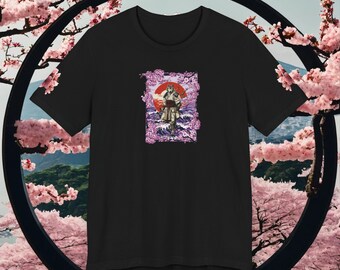 Samurai Wolf Japanese aesthetic Harajuku Animal T-shirt adorned with cherry blossoms, US cotton shirt