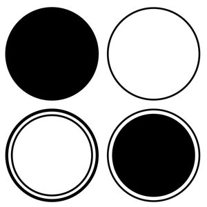 May include: A graphic design featuring four black and white circles. Two circles are solid black, one is a white outline, and the last has a black center with a white border. The circles are arranged in a 2x2 grid.