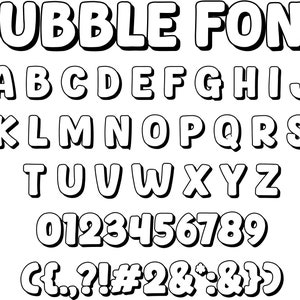 May include: A white alphabet and number font in a bubble style. The letters and numbers are outlined in black and have a 3D effect.