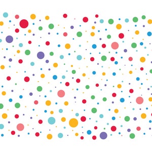 May include: A white background with a scattered pattern of colourful polka dots in shades of red, pink, yellow, orange, green, blue, and purple.