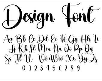 May include: A black and white image of a cursive font alphabet with the words "Design Font" at the top. The alphabet includes uppercase and lowercase letters, as well as numbers 0-9.