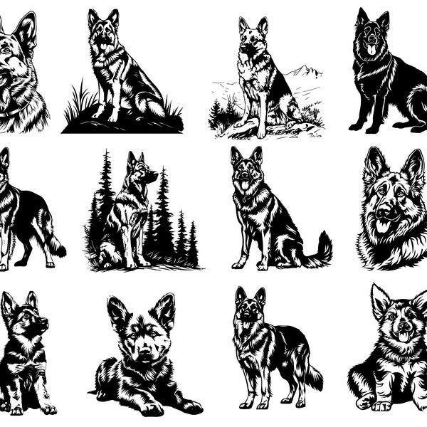 12 German Shepherd Bundle, Commercial Use Vector Graphics, Svg, Png, Ai, Sublimation, Logo, Instant Download, Digital Download, K-9 ClipArt