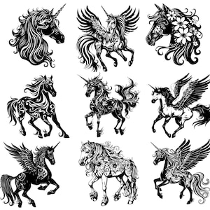 Cheval volant Pégase, étalon ailé équin, conte de fées mythe destrier, cheval ailé Pégase SVG, PNG Bundle, téléchargement immédiat, téléchargement numérique