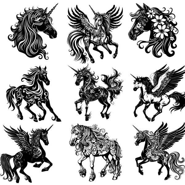 Pegasus Flying Horse, Winged Stallion Equine, Myth Steed Fairy Tale, Pegasus Winged Horse SVG, PNG Bundle, Instant Download,Digital Download