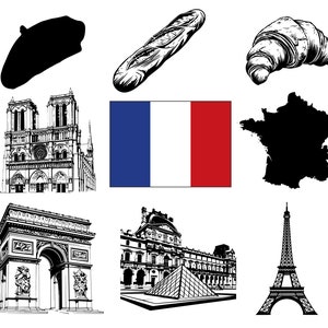 Francja Clip Art Bundle, Francuski Clip Art Bundle, Rysunki narodowe, Wieżę Eiffla Flagi Jedzenie, Francja Luvru Clip Art Bunde, Natychmiastowe pobieranie