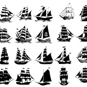 Puede incluir: Una colección de ilustraciones de siluetas negras de varios barcos de vela. Los barcos varían en tamaño y diseño, con velas y aparejos detallados. La imagen muestra una variedad de embarcaciones náuticas históricas y estilizadas, perfectas para diseños marítimos.