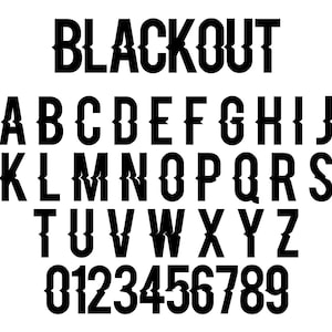 Op de afbeelding: Blackout lettertype alfabet met hoofdletters, kleine letters en de cijfers 0-9. Het lettertype is vetgedrukt en heeft een gekartelde, verweerde uitstraling.