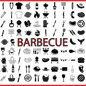 May include: Black and white illustrations of various barbecue related items, including grilling tools, food, and accessories. The word "BARBECUE" is written in bold red letters in the center of the image.