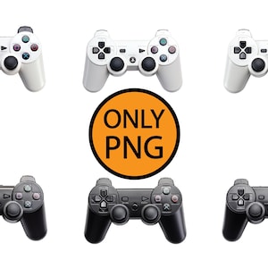 May include: Five wireless game controllers, two black and three white, arranged in a row. The controllers have buttons, joysticks, and a directional pad.
