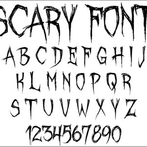 Op de afbeelding: Een griezelig lettertype-alfabet met hoofdletters, kleine letters en cijfers. Het lettertype is zwart en heeft een gekartelde, spookachtige stijl.