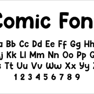 Puede incluir: Una imagen en blanco y negro que muestra las letras del alfabeto y los números en un estilo de fuente de cómic. El texto dice "Comic Font" en letras grandes en la parte superior de la imagen. Las letras y los números están en un estilo redondeado, de tipo caricatura.