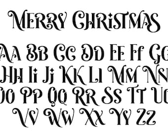 May include: A black and white alphabet font with a decorative flourish on each letter. The font says "Merry Christmas" at the top and includes all letters of the alphabet.