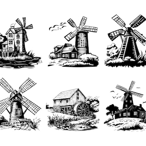 Może przedstawiać: Sześć czarno-białych ilustracji wiatraków o różnych wzorach. Każdy wiatrak jest umieszczony na prostym tle z trawą i drzewami.