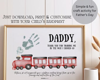 Fathers Day Handprint Art Craft Train Printable | DIY Keepsake Gift for Dad from Kids, Baby | Preschool Activity | Bible Christian Gifts