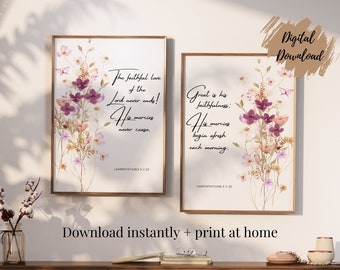 Juego de 2 impresiones de versículos bíblicos de flores silvestres / Pósteres de arte de pared imprimibles con motivos florales modernos / Acuarela botánica / Decoración cristiana para el hogar