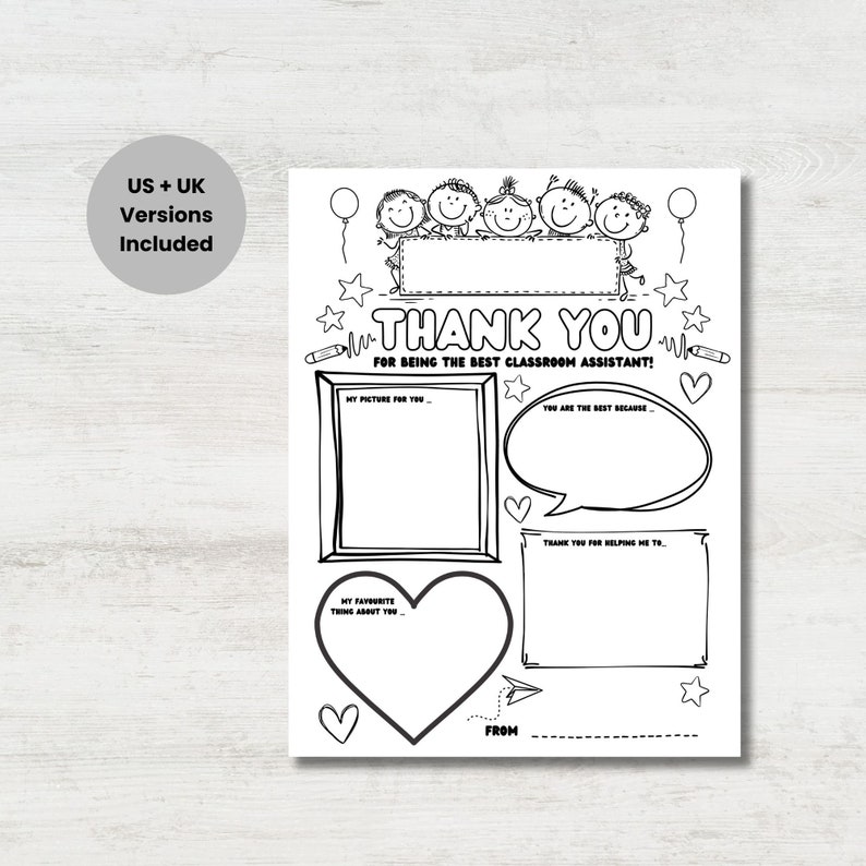 Classroom Assistant Teacher Assistant Keepsake Thank you Gift, Teacher Appreciation Gifts, Kids Coloring Thank you Gift, Primary and Nursery Children DIY Activity Craft