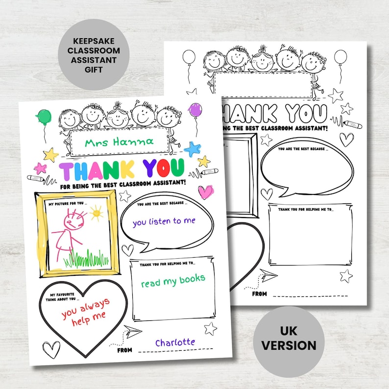 Classroom Assistant Keepsake Thank you Gift, Teacher Appreciation Gifts, Kids Colouring Thank you Gift, Primary and Nursery Children DIY Activity Craft
