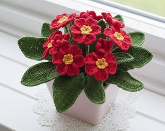 Red Primrose/ Realistic Primula Flower Plant Crochet Pattern, Mother's Day Pattern, Co-work Gift, Home Decor, house Plant, Garden Lover