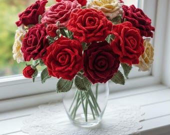 Realistisches Thai Rosen Bouquet/Pflanze Häkelmuster, Valentinstag/Hochzeitsgeschenk, Amigurumi, Love Home Decor, Zimmerpflanze 26126AT10