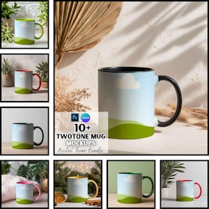 Pode incluir: Uma coleção de canecas de duas cores com um design de paisagem com céu azul, nuvem branca e colinas verdes. As canecas têm alças e interiores de cores diferentes. A imagem inclui o texto "10+ TWOTONE MUG MOCKUPS Neutral Theme Bundle."