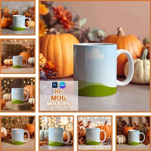 Puede incluir: Una taza de cerámica blanca con un diseño de cielo y paisaje, con un cielo azul con una nube blanca y colinas verdes. La taza está rodeada de calabazas y follaje otoñal. El texto en la taza dice "10+ MUG MOCKUPS Fall Theme Bundle".