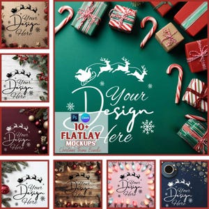 May include: A collection of Christmas-themed flatlay mockups. The central image features a green background with gift boxes, candy canes, and text that reads "Your Design Here." Additional mockups showcase various festive backgrounds, including wood, lights, and ornaments.
