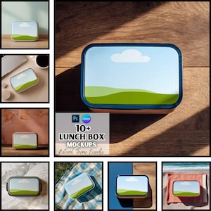 Puede incluir: Una fiambrera rectangular con tapa azul y un diseño de cielo azul, nube blanca y colinas verdes. También es visible el texto "10+ LUNCH BOX MOCKUPS Natural Theme Bundle".