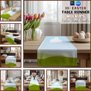 Op de afbeelding: 10+ Paas-tafelloper-mockups - Paas-themabundel. Een set mockups met verschillende tafellopers met paasthema's, waaronder een blauwe en groene loper met een witte wolk, een groene loper met een wit ei en een groene loper met een wit konijn.