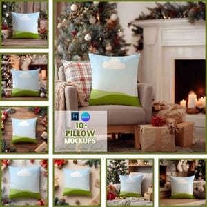 May include: A collection of pillow mockups with a Christmas theme. The pillows feature a blue sky with a white cloud and green hills design. The image includes text that reads "10+ PILLOW MOCKUPS Christmas Theme Bundle."