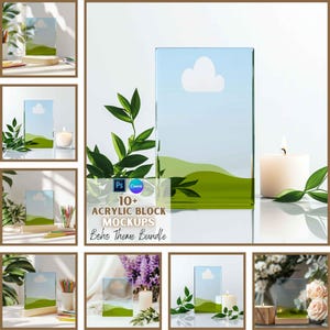 May include: A set of 10+ acrylic block mockups with a boho theme. The mockups feature a variety of scenes, including a cloud in the sky, a green field, and a candle. The mockups are perfect for showcasing your designs and products.