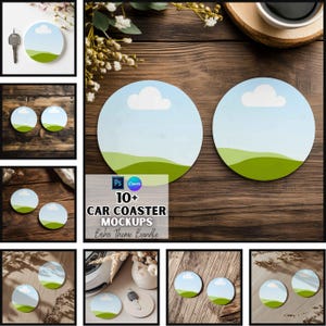 May include: Round car coasters with a blue sky and green landscape design. The coasters have a white cloud graphic. The image also includes text that says "10+ Car Coaster Mockups Boho Theme Bundle".