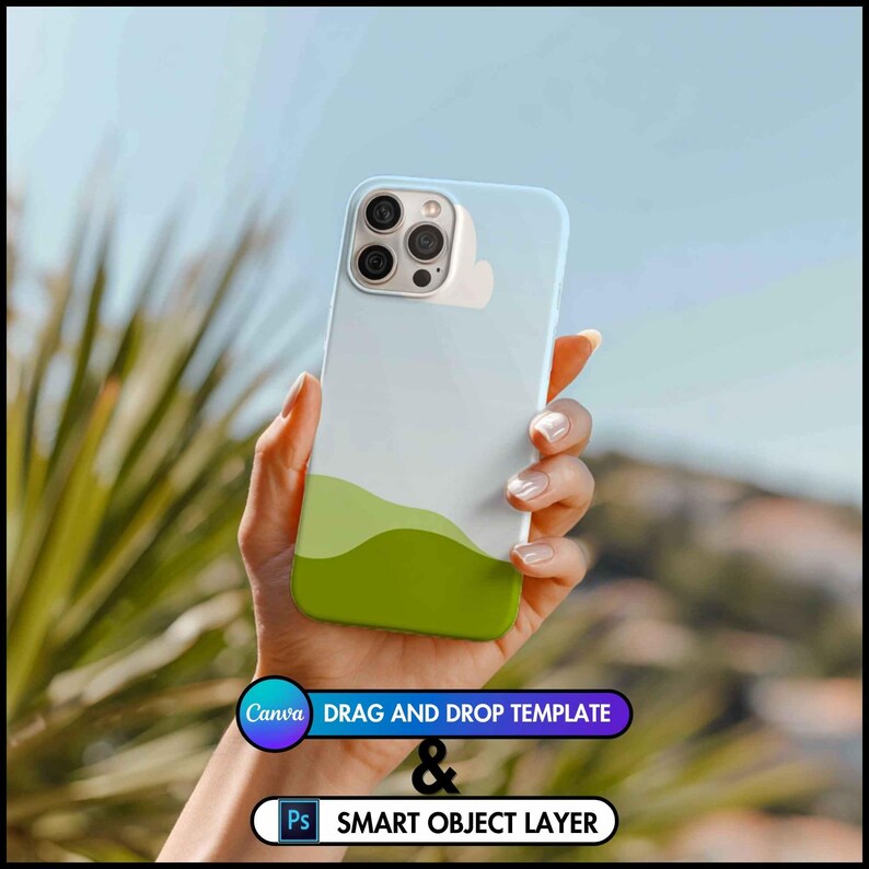 May include: A light blue and white phone case with a green wave design is held in a hand. The case has a camera cutout and the text "Canva Drag and Drop Template & Ps Smart Object Layer".
