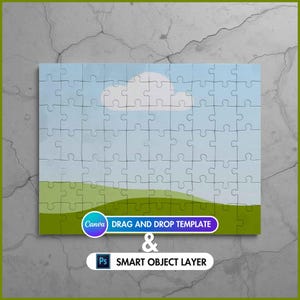 Pode incluir: Um quebra-cabe&ccedil;a completo com uma cena de paisagem com c&eacute;u azul, nuvem branca e colinas verdes. O quebra-cabe&ccedil;a inclui o texto "Canva Drag and Drop Template & Ps Smart Object Layer".