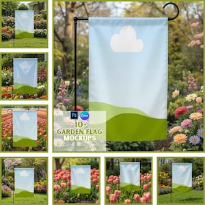 May include: Ten garden flag mockups with a blue sky and green grass background. The flags are blank and have a white cloud shape in the center. The flags are displayed in front of a variety of colorful flowers.