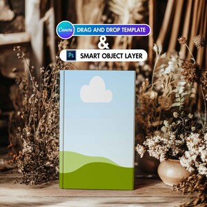 May include: A blue and green book cover mockup with a white cloud and the text "DRAG AND DROP TEMPLATE & SMART OBJECT LAYER".