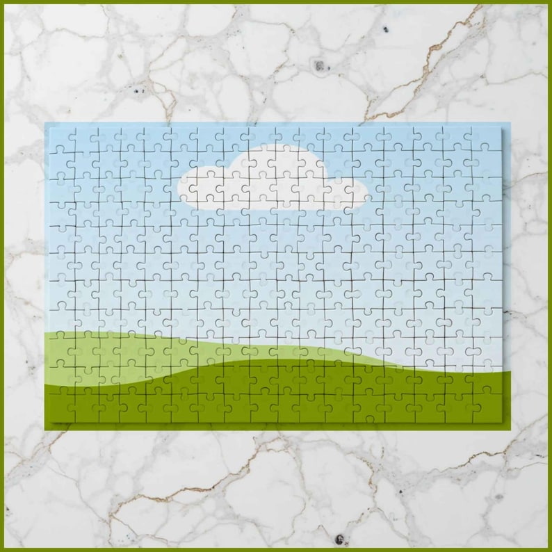 Pode incluir: Um quebra-cabe&ccedil;a completo com um c&eacute;u azul com uma nuvem branca e colinas verdes. O quebra-cabe&ccedil;a &eacute; composto por muitas pe&ccedil;as interligadas, criando uma paisagem c&ecirc;nica. O quebra-cabe&ccedil;a &eacute; retangular e tem uma borda verde.
