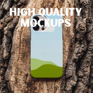 May include: A blue and green phone case with a landscape design. The case is on a wooden background. HIGH QUALITY MOCKUPS.