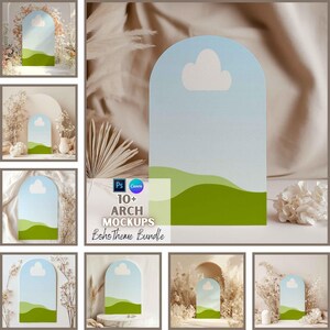 Op de afbeelding: Een boogvormige mockup met een blauwe lucht en wolkenontwerp, groene glooiende heuvels en de tekst "10+ ARCH MOCKUPS Boho Theme Bundle". De mockup wordt in verschillende omgevingen met bloemen en natuurlijke elementen weergegeven.