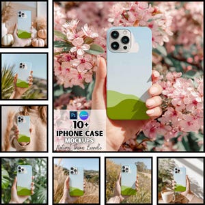 May include: A collection of iPhone case mockups with a natural theme. The cases feature a blue sky design with green rolling hills. The text on the image reads "10+ iPhone Case Mockups Natural Theme Bundle".