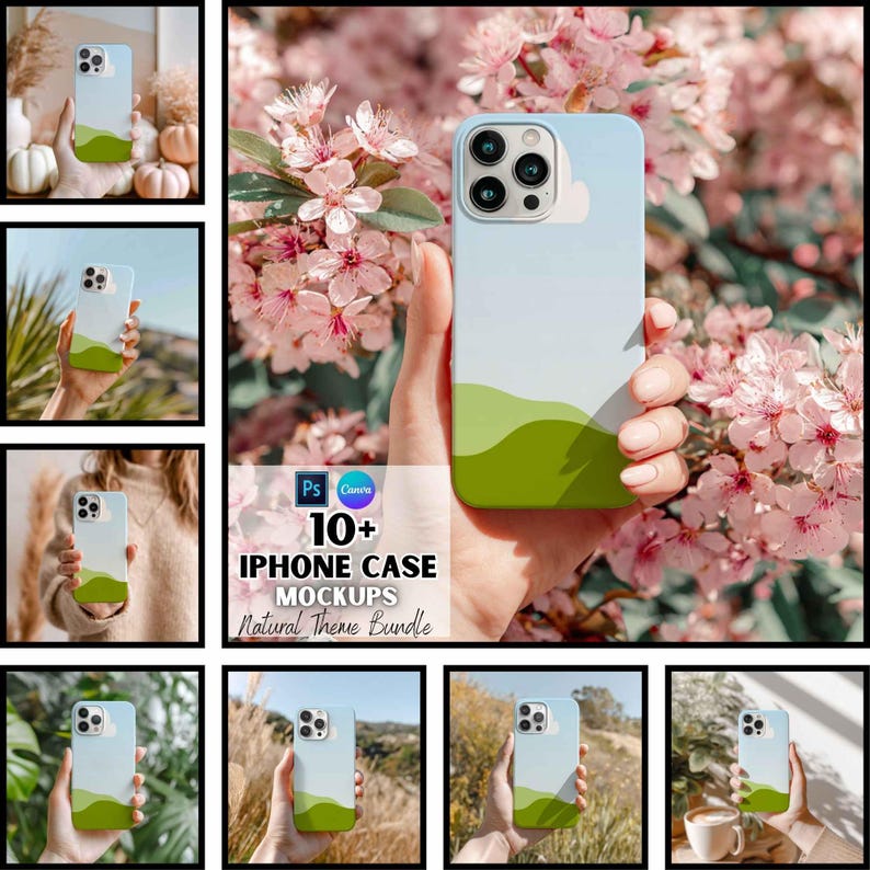 May include: A collection of iPhone case mockups with a natural theme. The cases feature a blue sky design with green rolling hills. The text on the image reads "10+ iPhone Case Mockups Natural Theme Bundle".