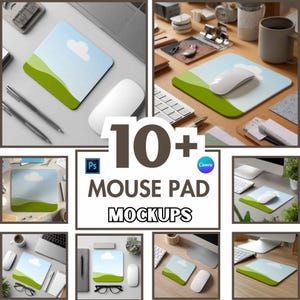 May include: A collection of mouse pad mockups featuring a landscape design with a blue sky, white cloud, and green hills. The image includes multiple setups with white computer mice, pens, and other office supplies. Text on the image reads "10+ Mouse Pad Mockups".