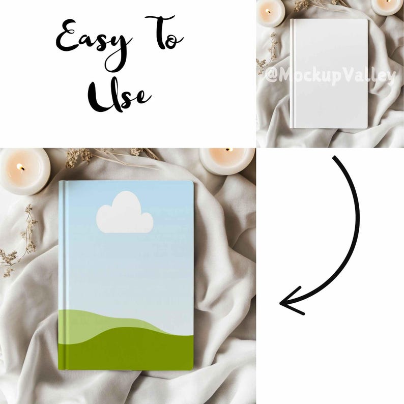 May include: A white notebook with a blue sky and green hills design on the cover. The notebook is lying on a white fabric surface with dried flowers and candles.