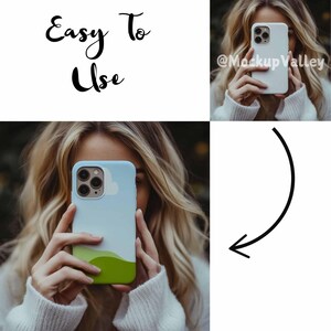 May include: A woman is holding a light blue phone case with a white cloud and green hills design. The case is covering her face. The text "@MockupValley" is visible in the top right corner of the image.
